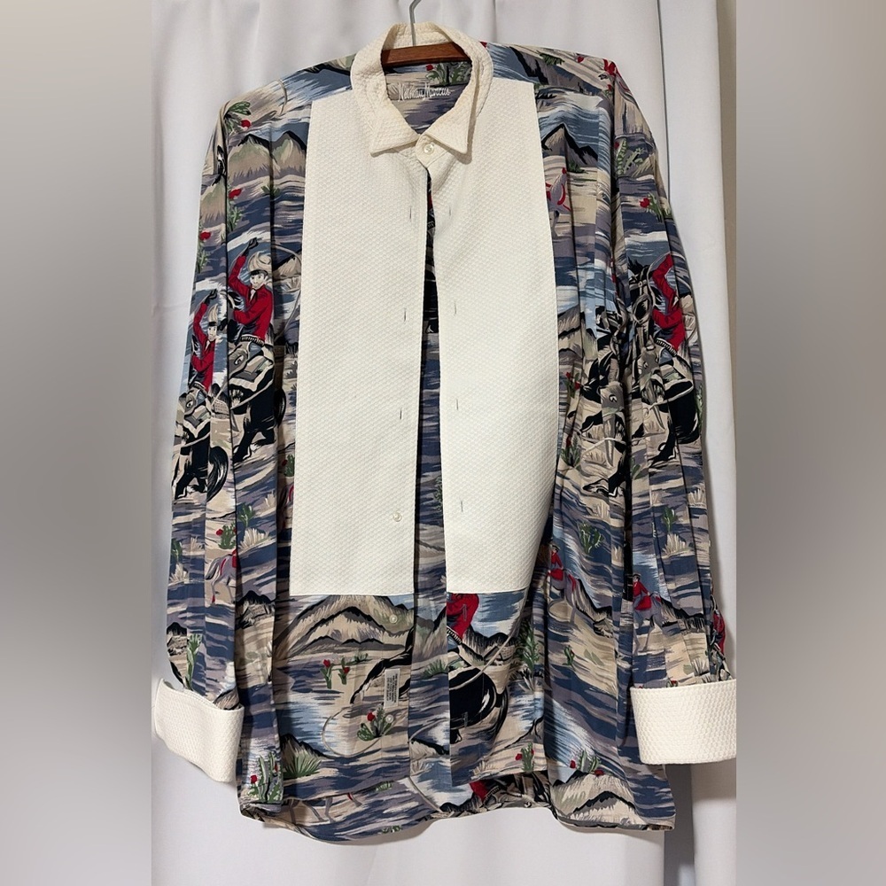 Vintage Neiman Marcus Cowboy Western Scenic Print Shirt